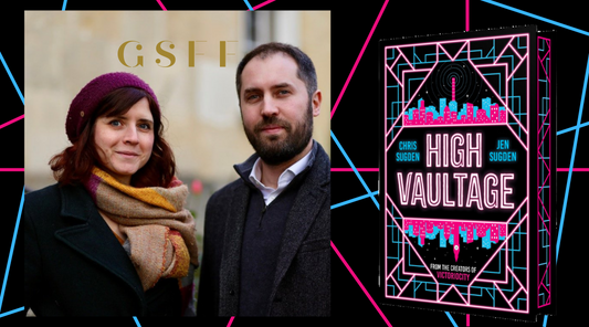 To the left is an image of co-authors, Chris and Jen Sugden. To the right is a digital mock-up image of the GSFF edition of their book, High Vaultage.